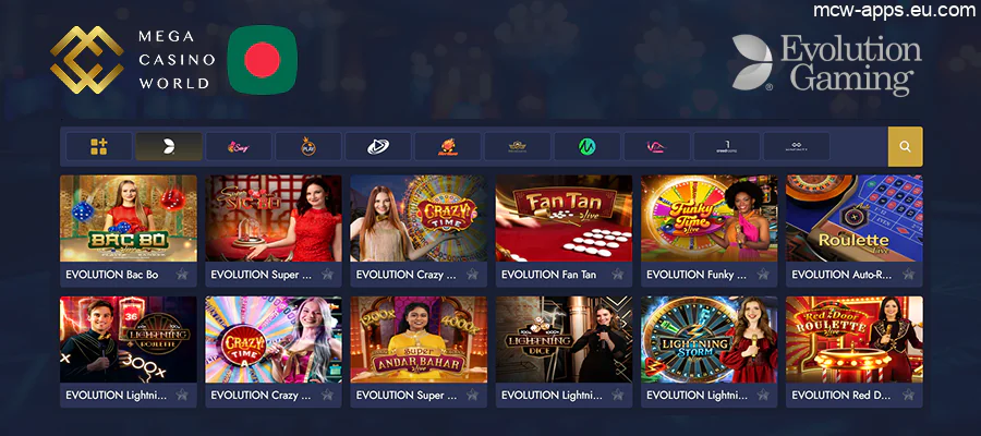 Evolution Gaming top live casino provider at MCW App